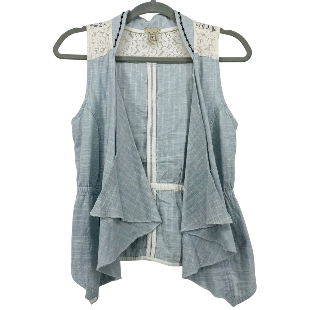 Gimmicks by BKE Size Small Vest Blue Crochet Lace Beaded Open Front Peplum Boho